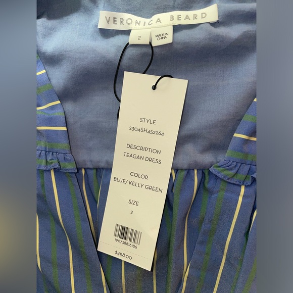 Veronica Beard Teagan Stripe Ruched V-Neck Midi Blue Kelly Green Dress NWT - Picture 4 of 8